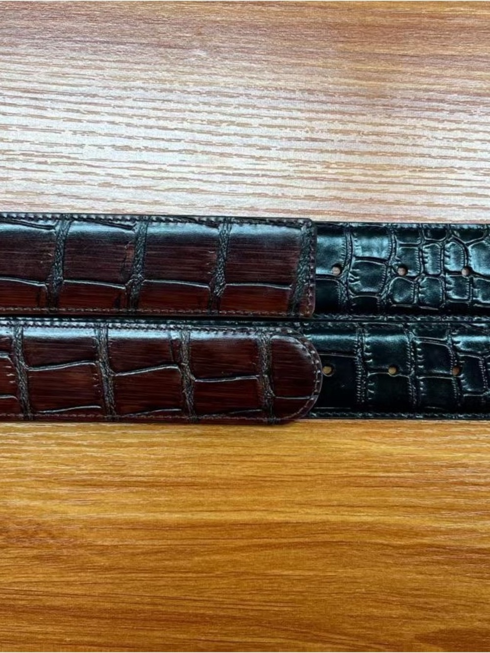 Croc-Embossed Leather Belt in Black and Dark Brown